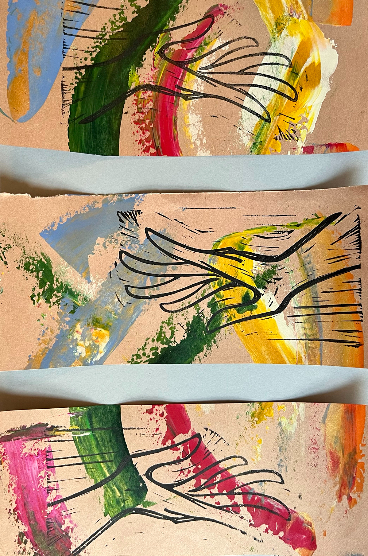 three sheets of brown paper with acrylic paint of various colors applied with a palette knife. The image is of three hands in black ink, with pink, green, orange, white, blue, and gold paint in the background.